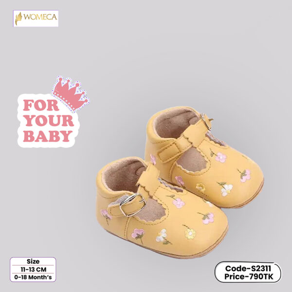 Soft Yellow Baby Girls Shoes with Floral Embroidery